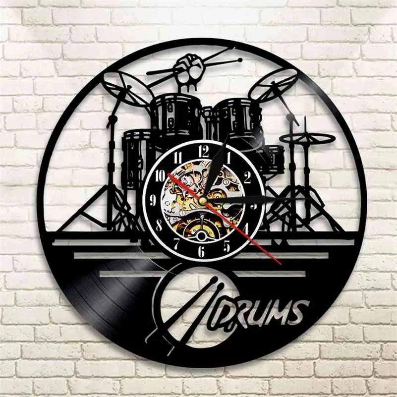 Guitar Drums Set Silhouette LED retroilluminazione Retroj Musica Modern Vinyl Watch Orologio da parete 3D Orologio da parete Horloge Band Membro Fan Handmade Regalo 210325