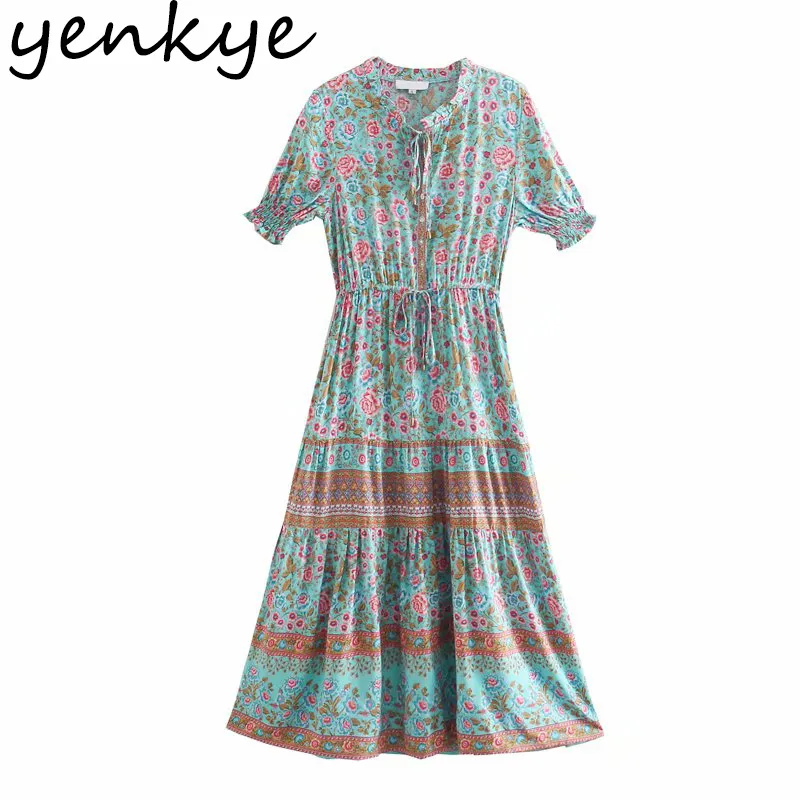 Vestido de verano Mujeres Estampado floral Vacaciones Boho Femenino Lace Up V Cuello Manga corta Cordón Cintura Casual Largo 210430