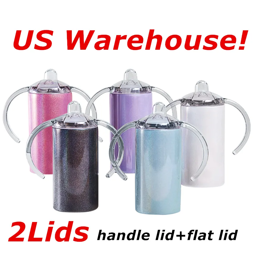 Lokales Lager! ZWEI DECKEL! 12oz Sublimation Glitter Sippy Cups mit flachen Deckeln Griffdeckel gerade Kinderwasserflaschen Edelstahlgläser doppelt isolierte Tassen A12