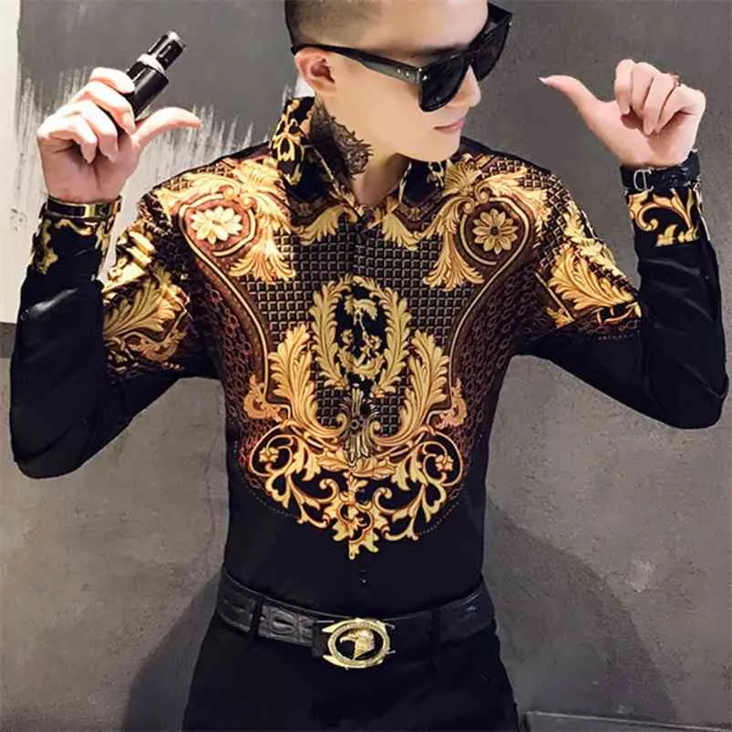 Luxe Gold Print Shirt Heren Koninklijke Retro Shirts met lange mouwen Party Nightclub Tuxedo Casual Slim Fit Streetwear Blouse Homme 210721