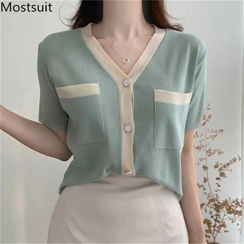 Color-blocked V-neck Cardigan Tops Women Summer Short Sleeve Single Breasted Pockets Sweater Korean Elegant Ladies Jumpers 210513