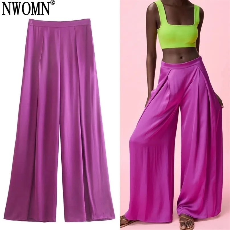 NWOMN Za femmes pantalons à jambes larges été ample taille haute femme violet Satin grande taille pantalon Streetwear pantalon 211115