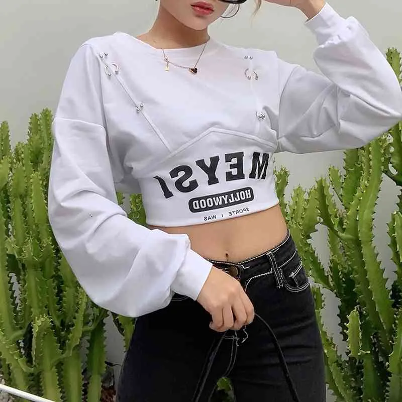 Cool Letter Print Harajuku Y2K Pullover Woman Hip Hop Metalen Ring Bijgesneden Top Streetwear Korte Sweatshirt Vrouwelijke Basic Goth Outfit 210709