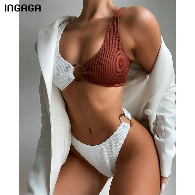 Ingaga Sexy Bikini's Купальники нажимают Купальники Купальники Пэчворк Beatwork Biquini Ruched Купальный костюм Модные кольца Бикини набор 210621