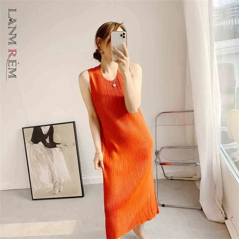 Geplooide jurk voor vrouwen elastische ronde hals mouwloze a-lijn recht losse fit vrouwelijke mode zomer 2D365 210526
