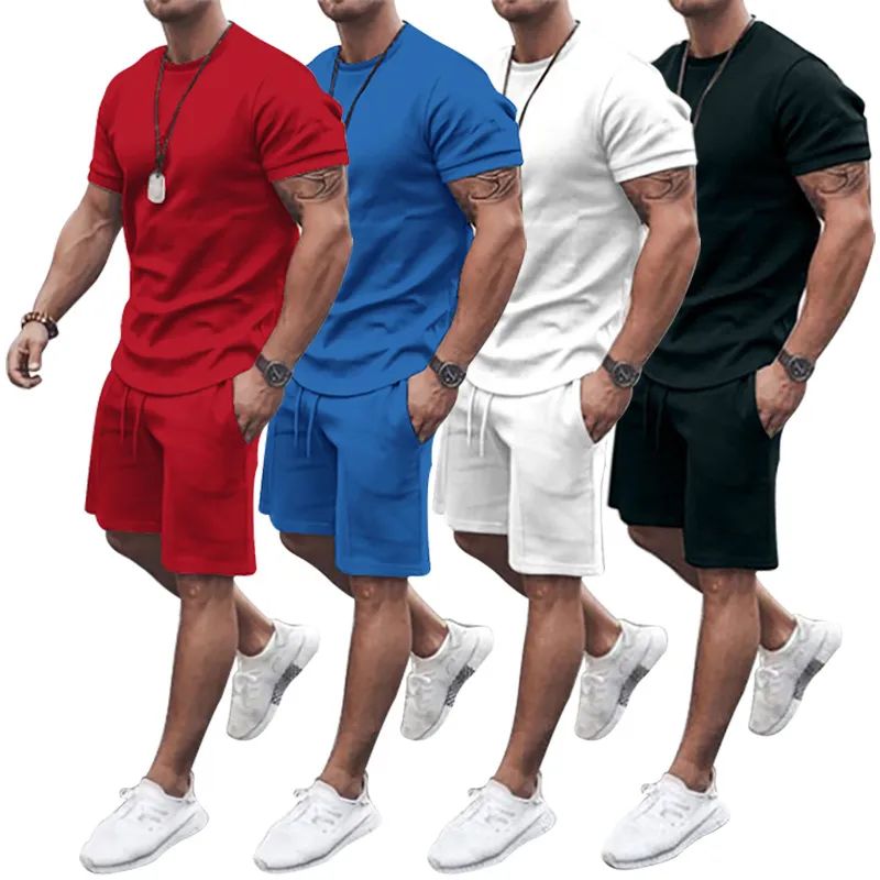 カジュアル衣装販売半袖スウェットスーツメンズジャージ白赤青ファッション男性 2 点セット T シャツショーツ