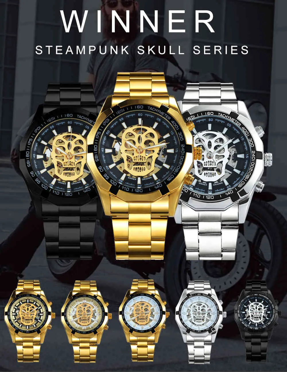 WINNER Official Automatic GOLD Watch Men Steel Strap Skeleton