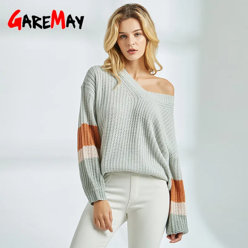 autumn v neck Sweater For Women Sexy off shoulder sweater Batwing Loose striped Knitted Pullover Oversize Female 210428