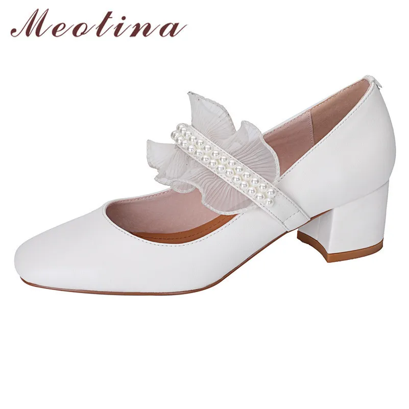 Meotina Pumps女性のハイヒールのリアルレザーメアリージャーンシューズネットヤーン文字列ビーズエレガントな靴女性厚いかかとフットウェア33-40 210520