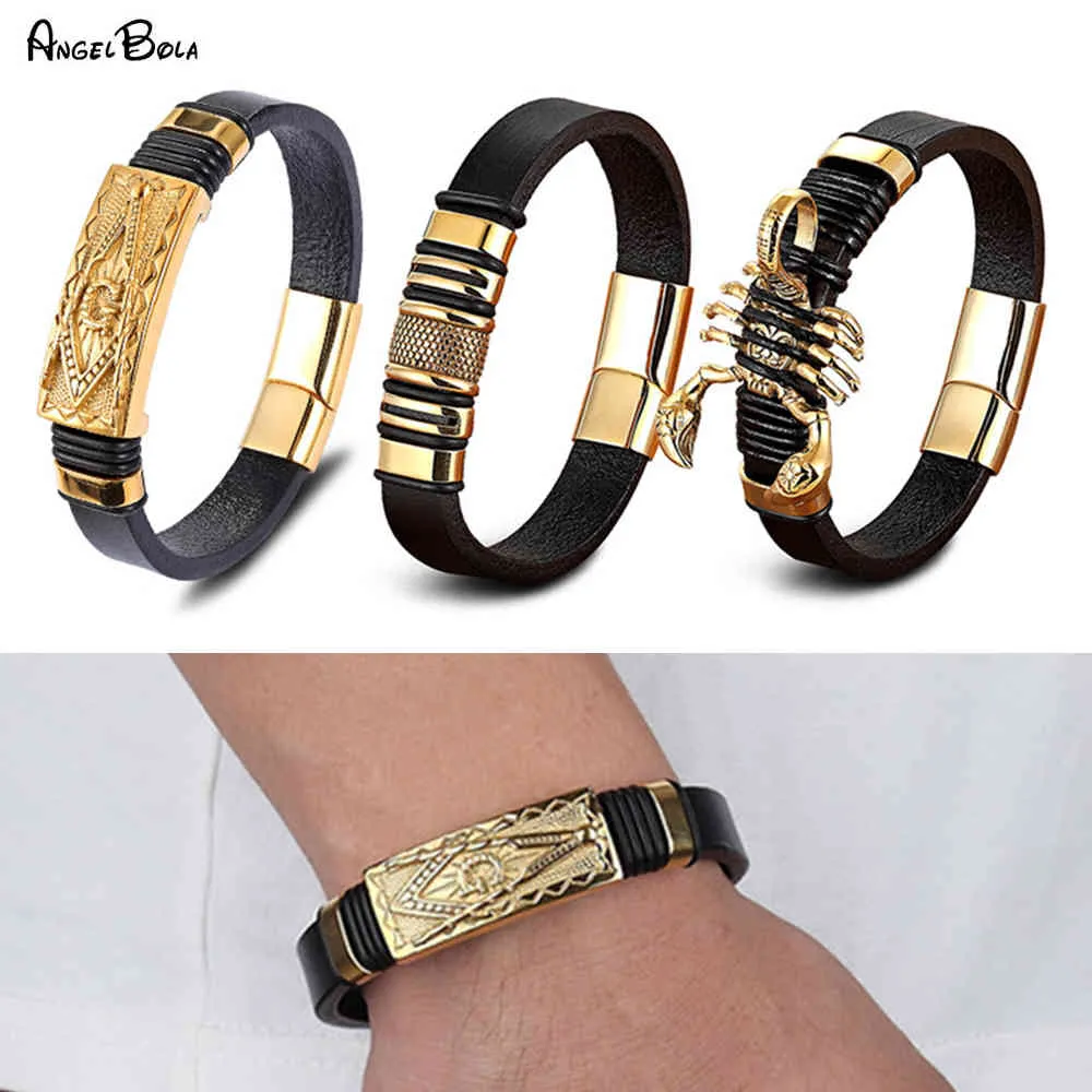 Männer Edelstahl Scorpion/Schild Charme Buddha Armband Mode Echtes Lederschmuck Accessoires Geburtstag Geschenk