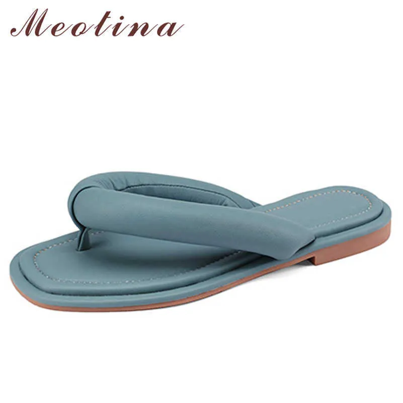 Meotina Tofflor Skor Kvinnor Äkta Läder Sandaler Flip Flop Flat Slides Square Toe Sheepskin Ladies Skor Sommar Svart 43 210608