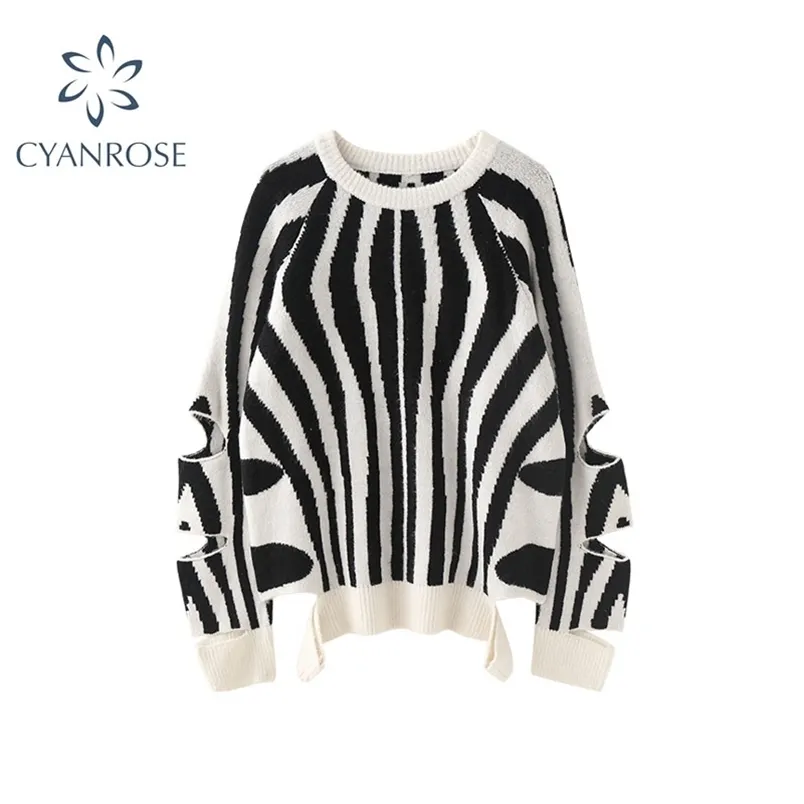 Vintage Casual Zebra Print Sweater Women Long Sleeve Knitted Pullover O Neck Tops Autumn Winter Fashion Knit Female 210515