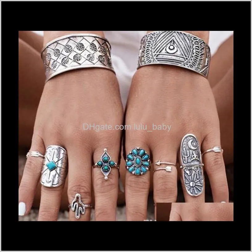 bohemian knuckle ring sets 9 pcs set antique silver alloy turquoise arrow ring sets for girls/ladies