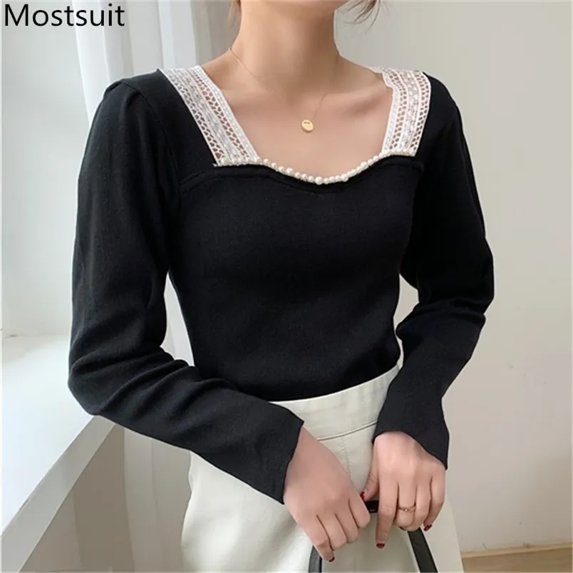 Pearl Frezowanie Cienkie Dzianiny Kobiet Pullover Topy Pełna Rękaw Kwadratowy Kołnierz Hollow Out Sweter Solidna Slim Moda Stylowe Bluzy 210513