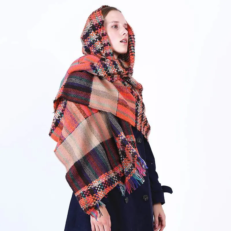 2021 Winter Scarf Women Rainbow Woven Lattice Scarves Lady Thicken Warm Soft Shawls Wraps Female Colored Wool Long