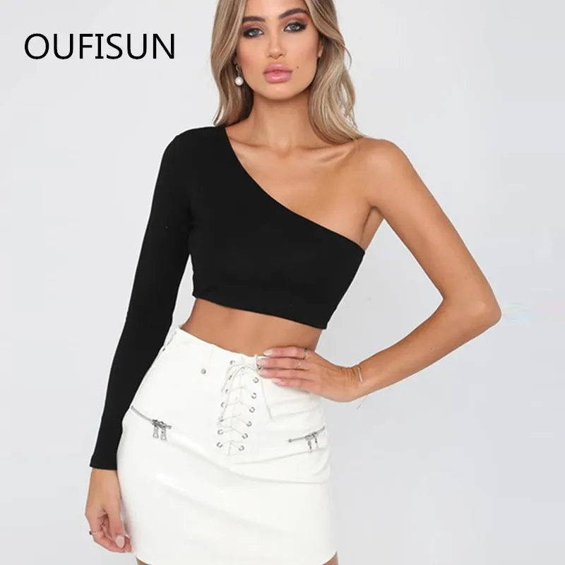 Oufisun Summer Sexy Backless One Ramię Z Długim Rękawem Krótka koszulka Solidna Kolor Slim Casual Damskie Topy S 210517