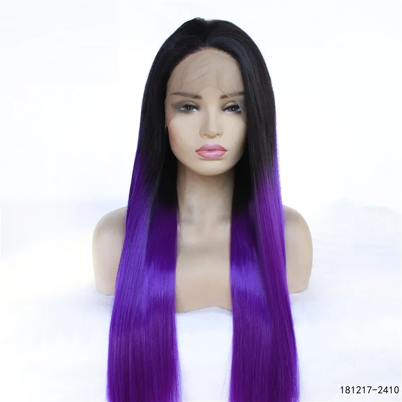 12~26インチロングシンセティックレースフロントウィッグシルキーストレートパープルオムレカラーPerruques de Cheveux Hampains Wig 181217-2410