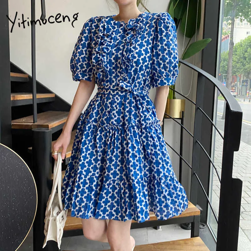 Yitimuceng Floral Print Jurken voor Dames Zomer Koreaanse Mode Ruffles Boho Mini Dress Long Puff Sleeve Blue Sundress 210601