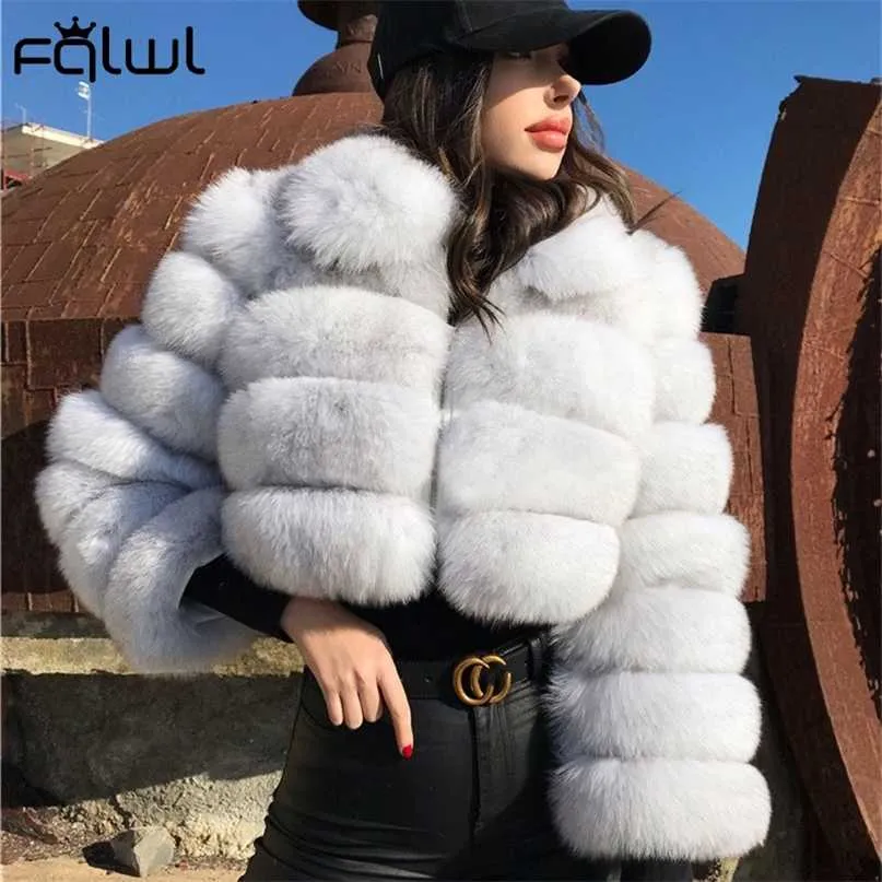 FQLWL Casual Branco Branco Fluffy Queda Inverno Faux Pele Casaco Mulheres Jaqueta Longa Manga Longa Puffer Cortada para Outwear 211220