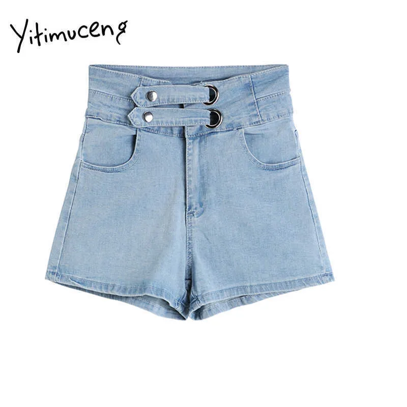 Yitimuceng Dames Denim Shorts Sexy Hoge getailleerde Knop Slanke Jean Ripped Straight Summer Solid Blue Clothing Fashion 210601