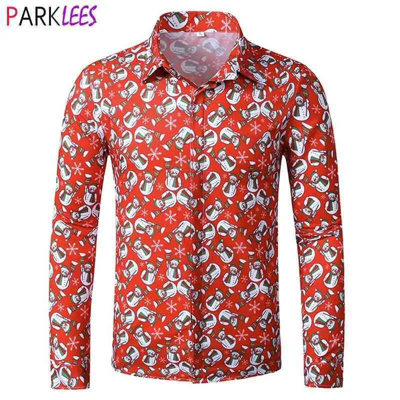 Red Mens Christmas Shirts Funny Snowman Printed Ugly Xmas Dress Shirt Hawaiian Aloha Holiday Party Vacation Shirt Chemise Homme 210522