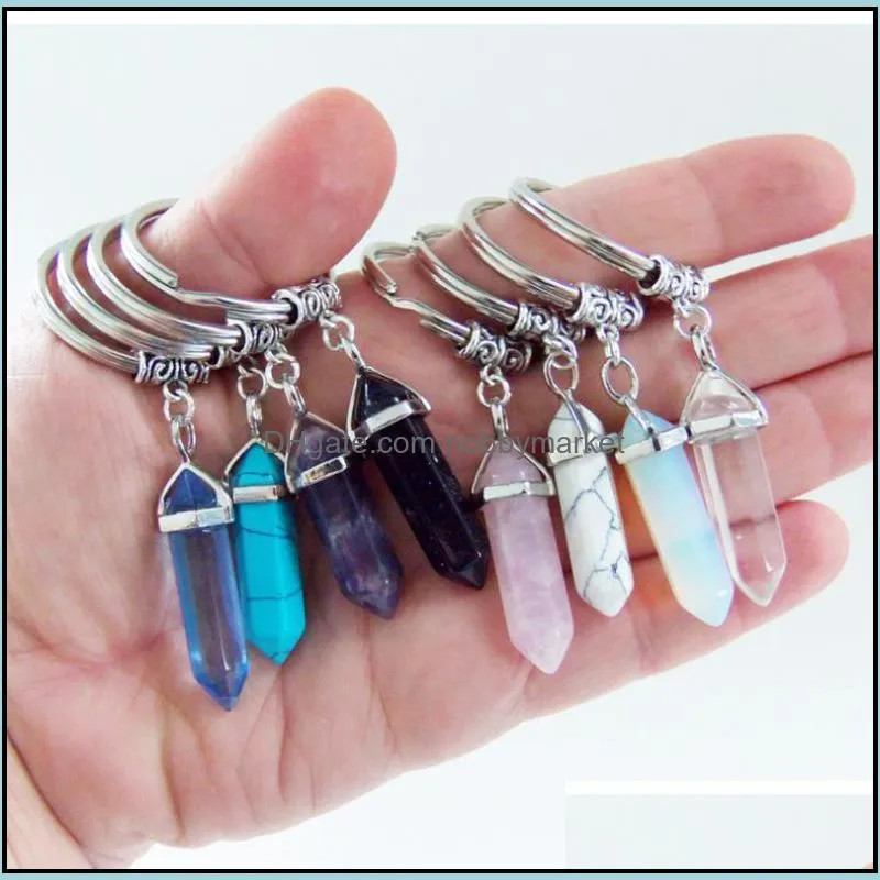 Hot Natural Stone Keychains Key Rings Fashion Hexagon Prism style Keychain Handbag Hangs Jewelry Gift