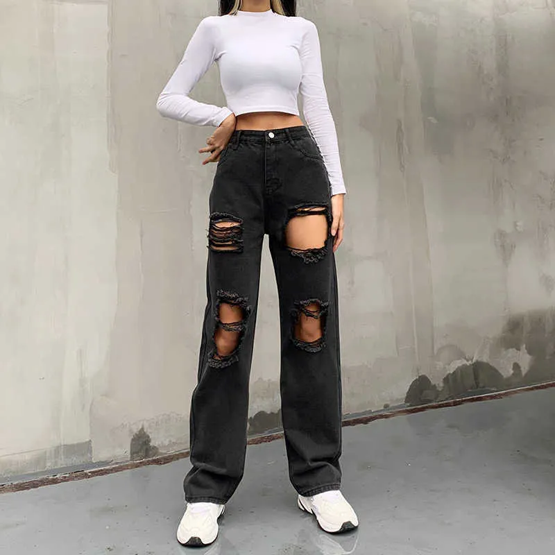 Cargo Pants Women Jeans Woman High Waist Stretch Jeans Black Ripped Straight Leg Pants Mom Boyfriend Causal Baggy Pants 210616