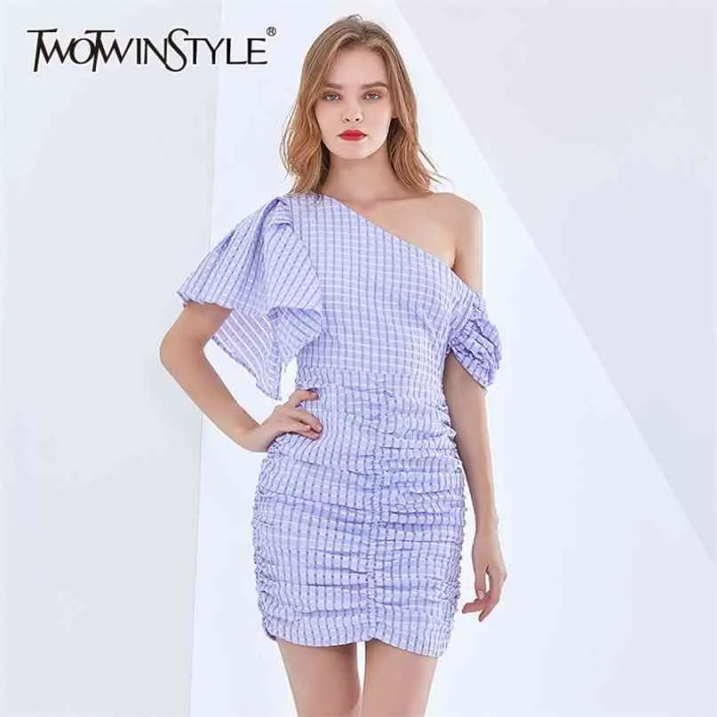 Sexy vestido magro para mulheres colarinho assimétrico manga curta ruched cintura alta xadrez mini vestidos roupas femininas 210520