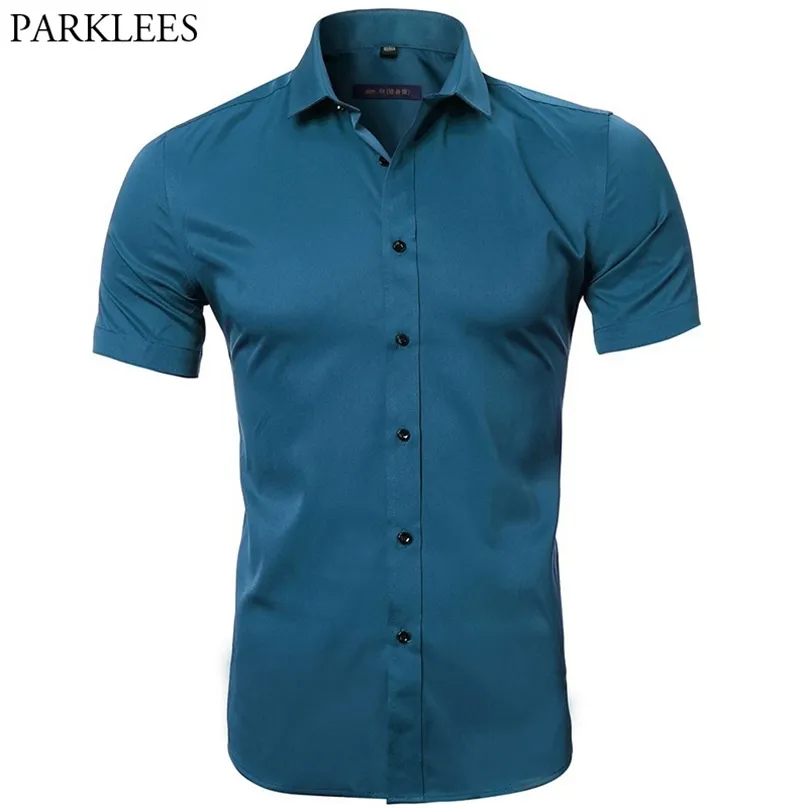 Men's Elastic Fibra De Bambu Vestido Camisas Verão Manga Curta Homens Casual Brand Negócios Trabalho Camisa Masculina 210626