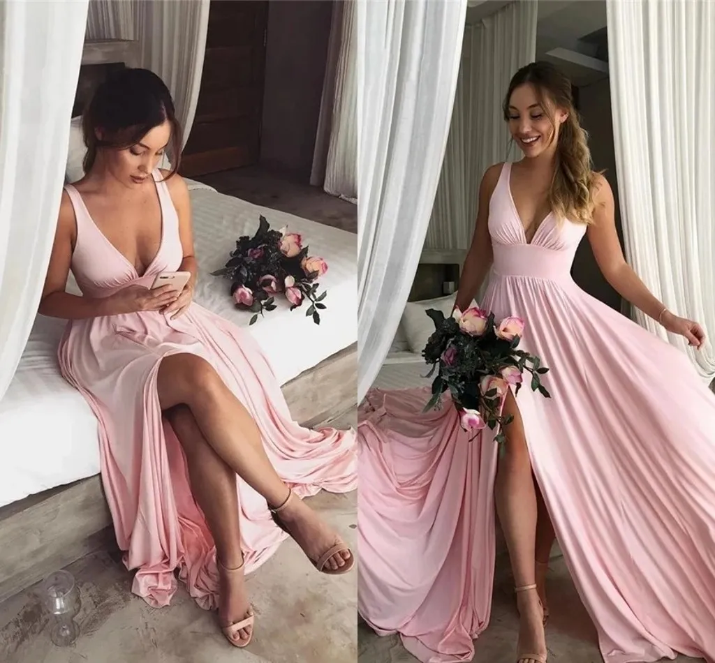 2021 Summer Beach Empire Cintura Pink Drawsmaid Vestidos Longo Deep Decote V-Neck de Vestidos de Honra Sexy Frente Forma Chiffon Uma Linha Backless Wedding Guest Dress Al9050