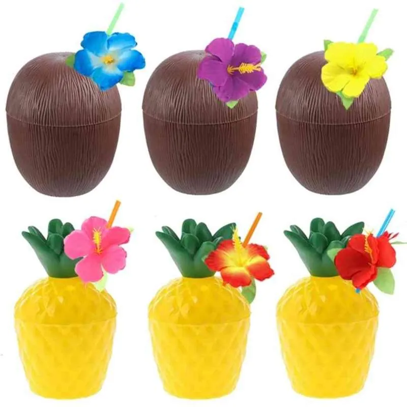 12 sztuk Hawaje Party Coconut Pineapple Cups Luau Flamingo Letnia Plaża Urodziny Hawajska Tropikalna Dekoracja 210925