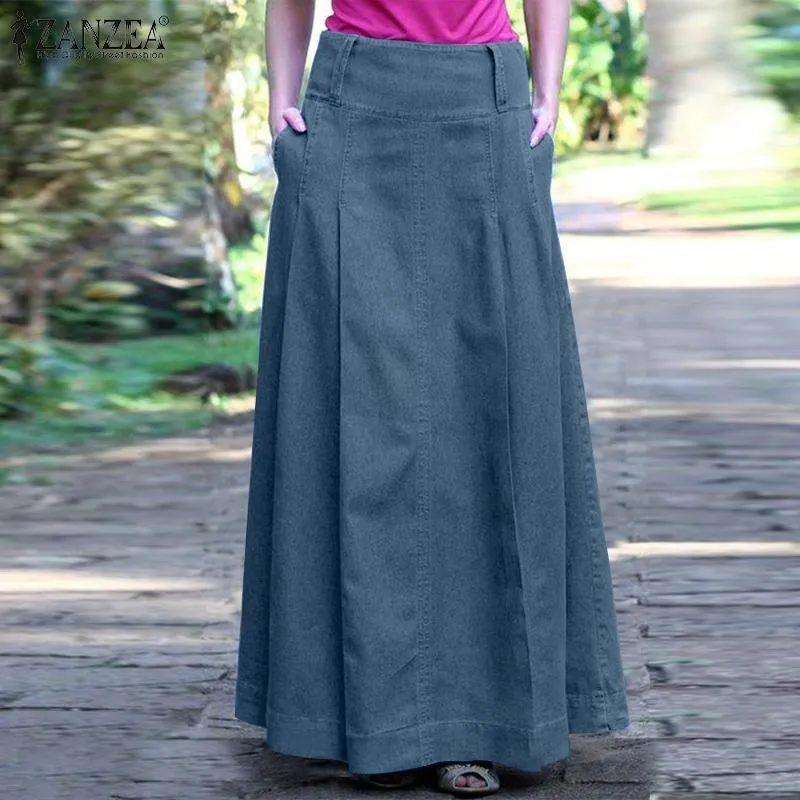 Saias Verão Mulheres Denim Azul Longo Femme Robe Sólida Maxi Vestido Jupe Vintage Cintura Alta Cintura A-Lien Saia Faldas Saia