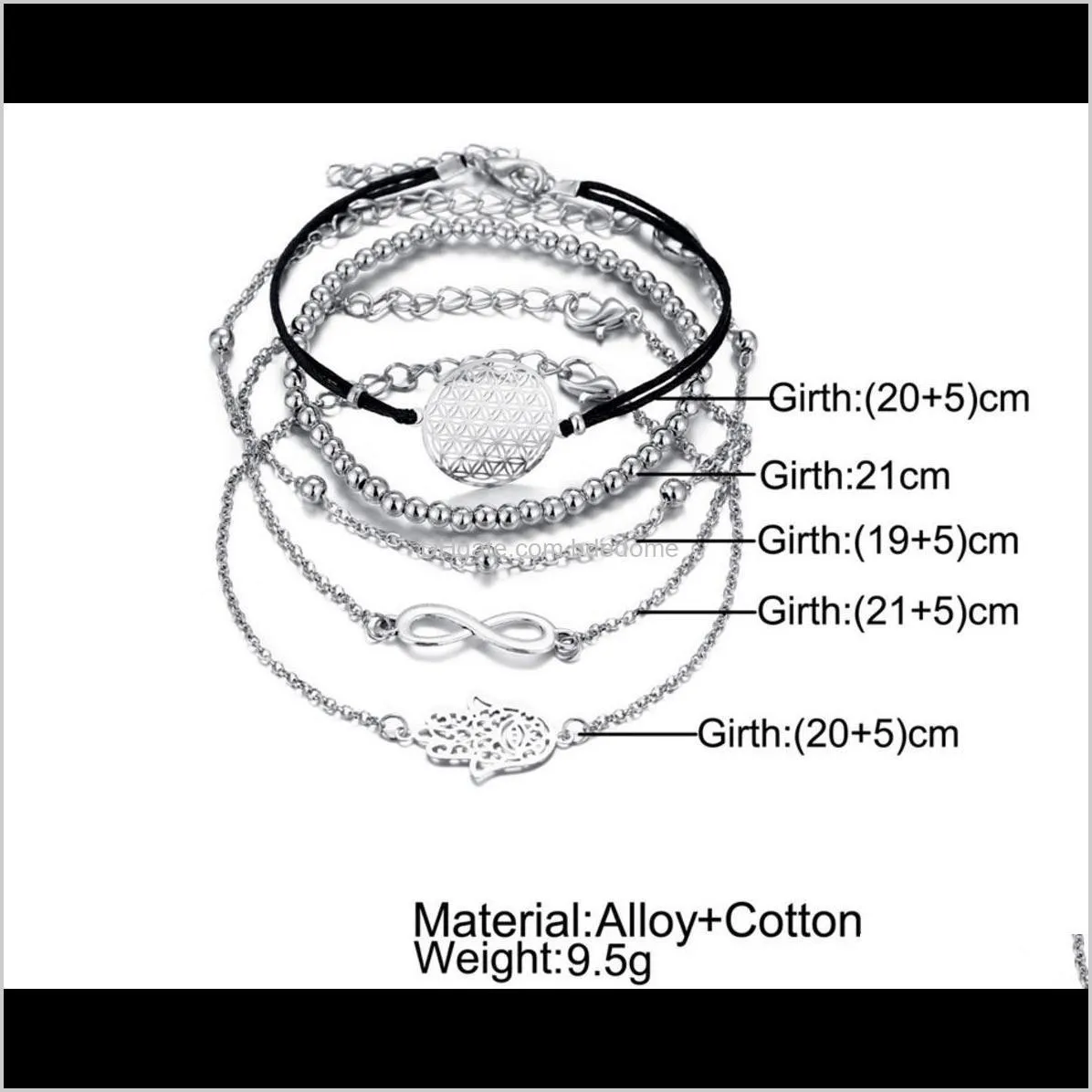 bracelet set 5pcs/set bead chain bead strands hollow-out hand round disc 8 charm silver color plated metal chain string