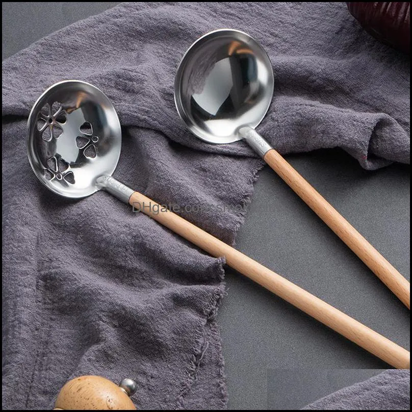 Japanese Style Beech Wood Handle Soup Spoon Stainless Steel Soup Ladle Long Handle Wooden Spoon Kitchen Cooking Utensil RRD7713