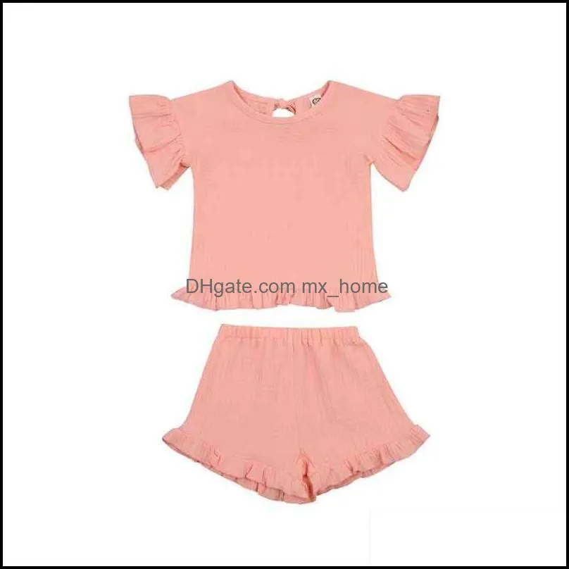 Kid Girl Short Sleeves Shorts Ruffled Decoration Neckline Bandage Summer Clothing