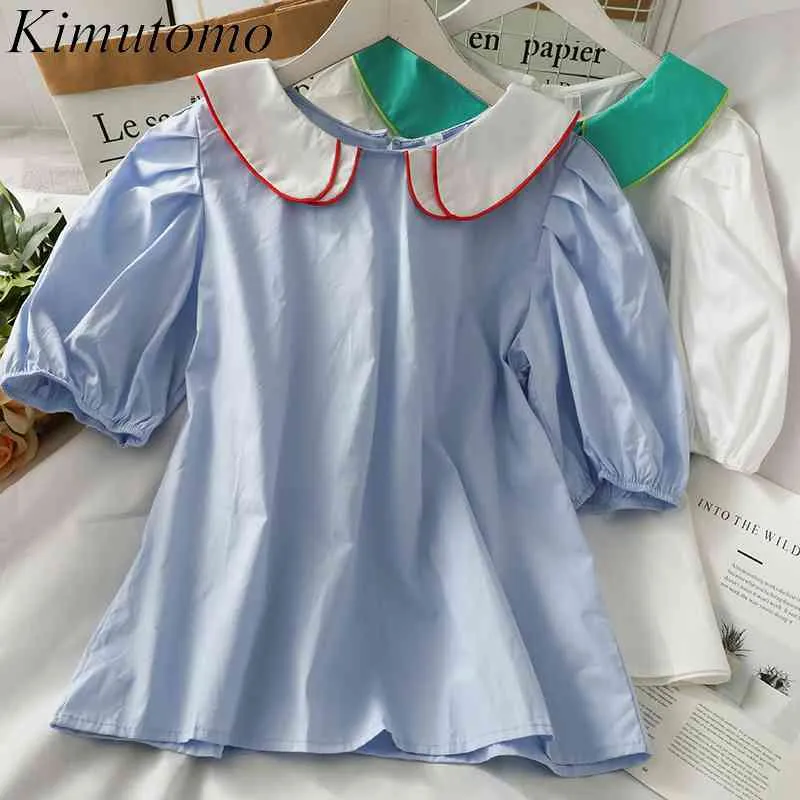 Kimutomo Chic Patchwork Blouse Women Color Contrast Peter Pan Collar Short Puff Sleeve All-matching Solid Shirt Summer Korean 210521