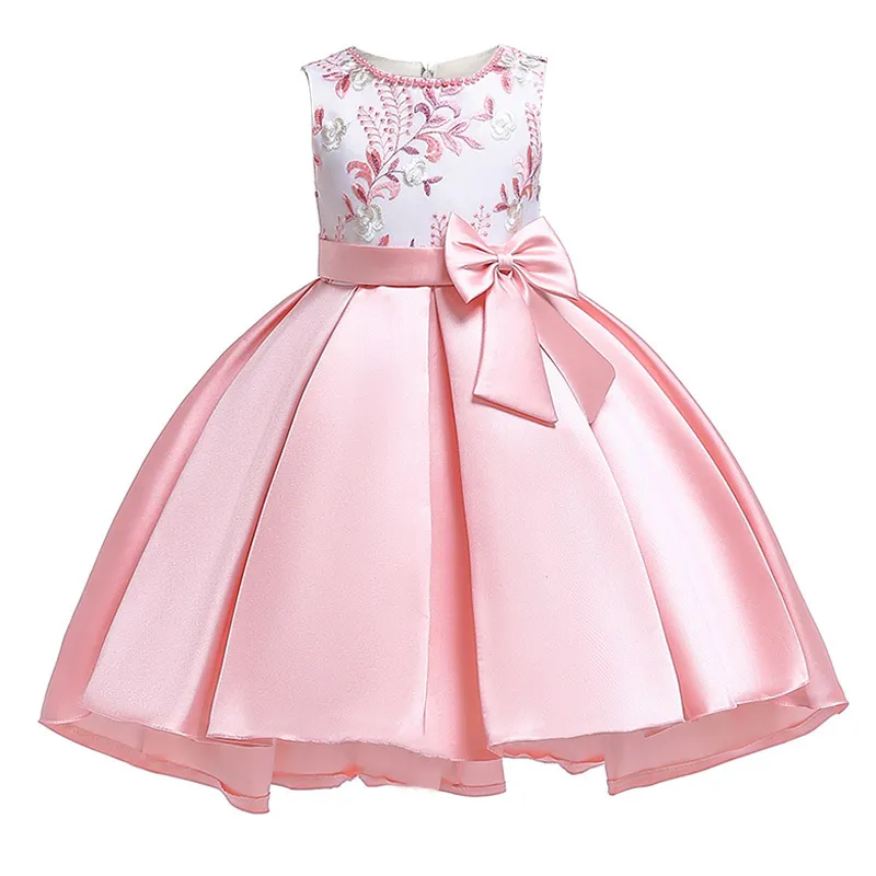 2021 Summer Princess Dress for Girl Födelsedag Bröllop Kids Party Bow Broderad Trailing Bridesmaid Q0716
