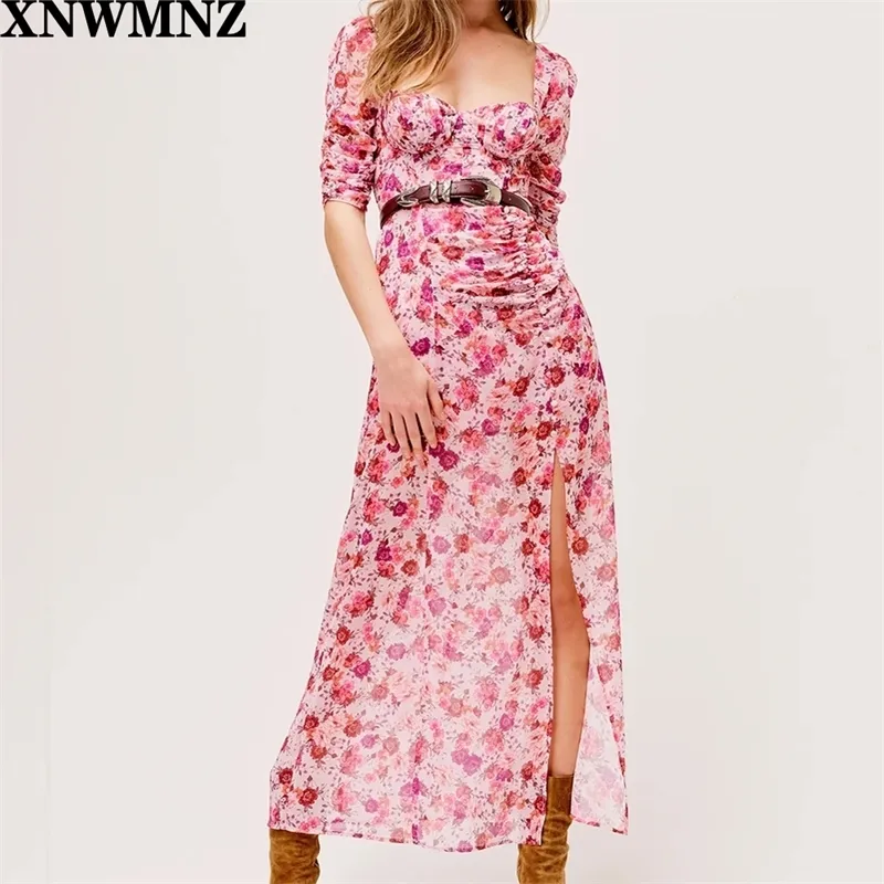 Whisper-weight autumn floral print chiffon maxi dress feminine Fitted bodice buttons along thigh-high slit draped Puff Sleeves 210510