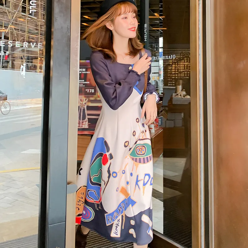 純正ケースセット Ewq 春の女性のゆるいヴィンテージのエレガントラウンドネックパネルプリント帝国長袖の膝aラインドレス8y7 個人様購入可能 アパレル レディース服 Agustiniano Com