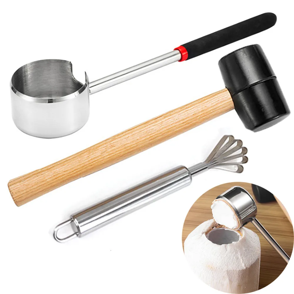 Coconut Opener Vlees Removal Tool Rubber Mallet voor Jonge Coconuts Food Grade Roestvrijstalen keukengerei Xbjk2103