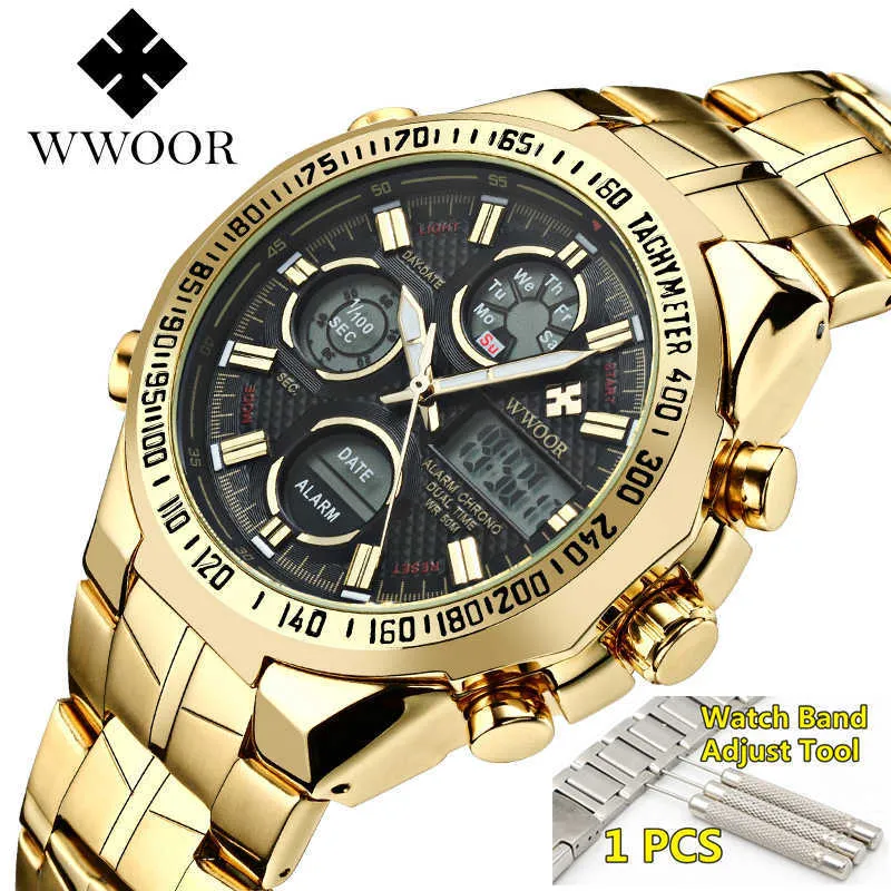 WWOOR Relogio Masculino Golden Montre-bracelet pour hommes Montres pour hommes Top Marque de luxe LED Numérique Étanche Montre Homme Horloge 210527