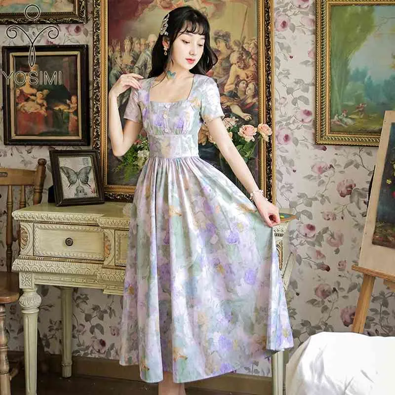 YOSIMI Sommer Vintage Print Langes Kleid Kurzarm Quadratischer Kragen Hofstil Midi Empire Abendparty 210604