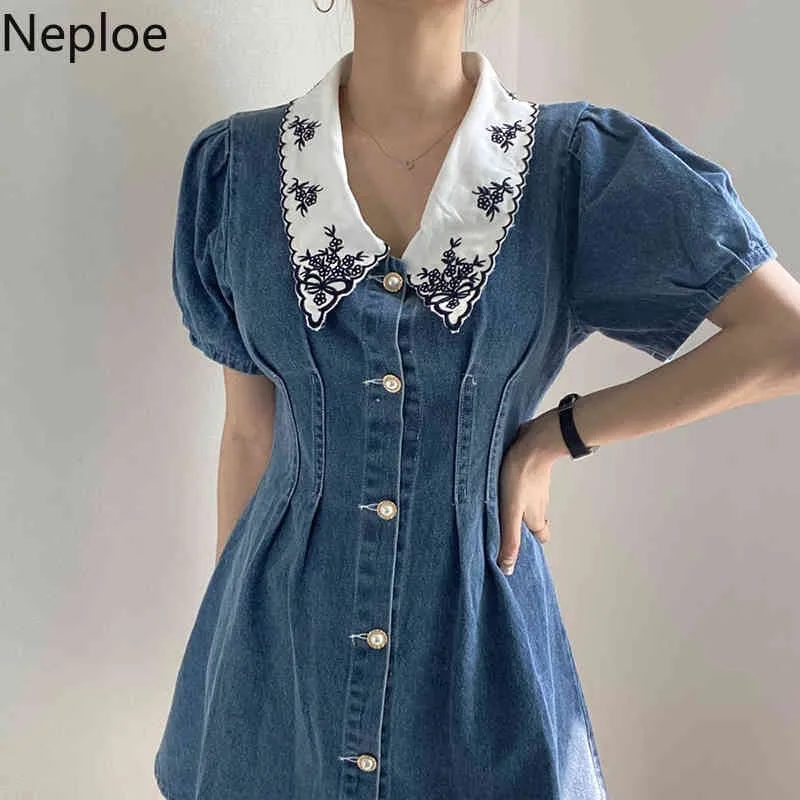 Nwploe Mini Denim Dress Women Korean Chic Robe Vintage Embroidery Pleated Dresses Single Breasted Puff Sleeve Jeans Vestidos 210422