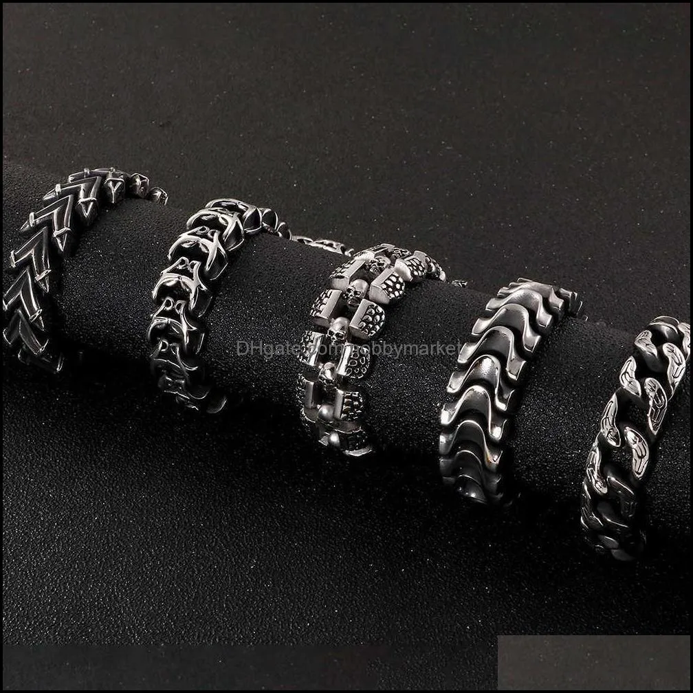 Hiphop Skull Bracelet For Men Stainless Steel Cool Chain Mens Bracelets Accessories Gothic Biker Jewelry Male Drop 210619