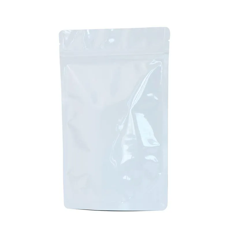 Толстый стенд вверх глянцевая белая чистая алюминиевая фольга zip молния сумка doypack isalableable закусочная конфета сахар сахар кофе подарок тепло уплотнительная упаковка p