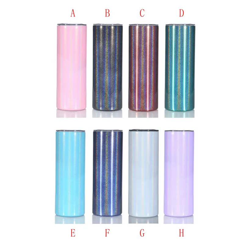 Rainbow 20oz Sublimation Tumblers fai da te Glitter Skinny Birra Birra Tazza Coffee Tazza Trave Isolata Bottiglia Doppia Parete Acquazzo Acqua Vuoto con paglia di plastica