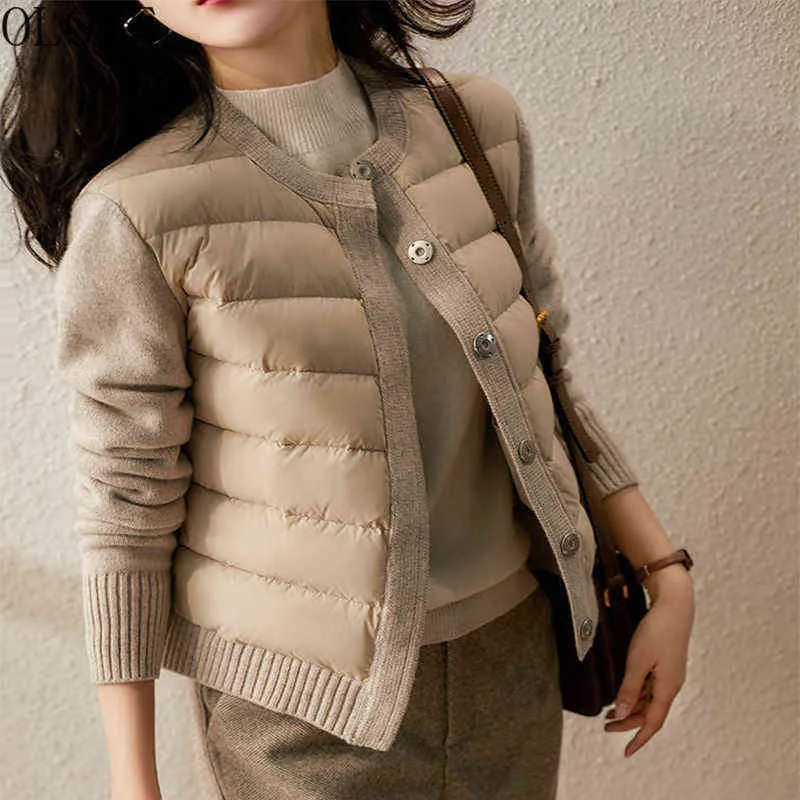 Olome Kadın Sonbahar Kış Ceket Patchwork Örme Pamuk Yastıklı Ceket Parka Kadın Ceketler Coat Yuvarlak Boyun Sıcak Moda 211130