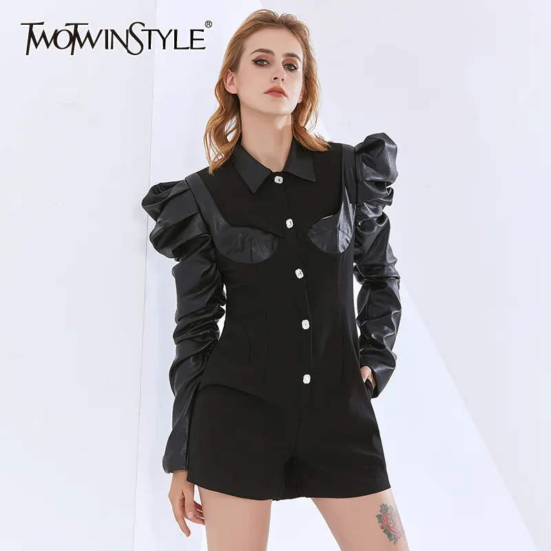 TWOTWINSTYLE Black Jumpsuit For Women Lapel Puff Long Sleeve Patchwork PU Leather High Waist Mini Jumpsuits Female Clothing 210517