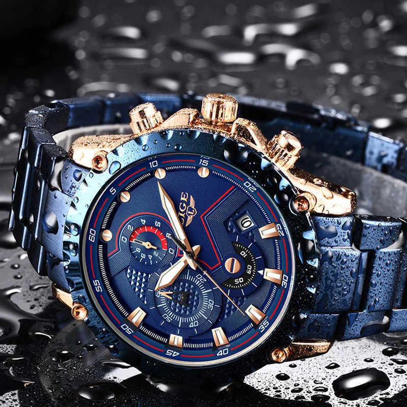 Lige Mode Blauw Rvs Mens Horloges Topmerk Luxe Waterdichte Quartz Horloge  Heren Datum Dial Sport Chronograph 210527