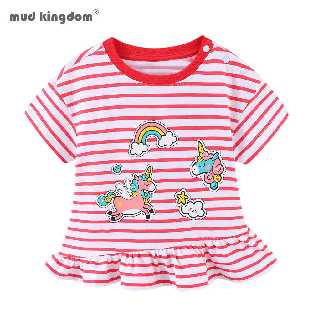 Mudkingdom meninas tops cartoon unicorn arco-íris listrado Ruffled roupas 210615